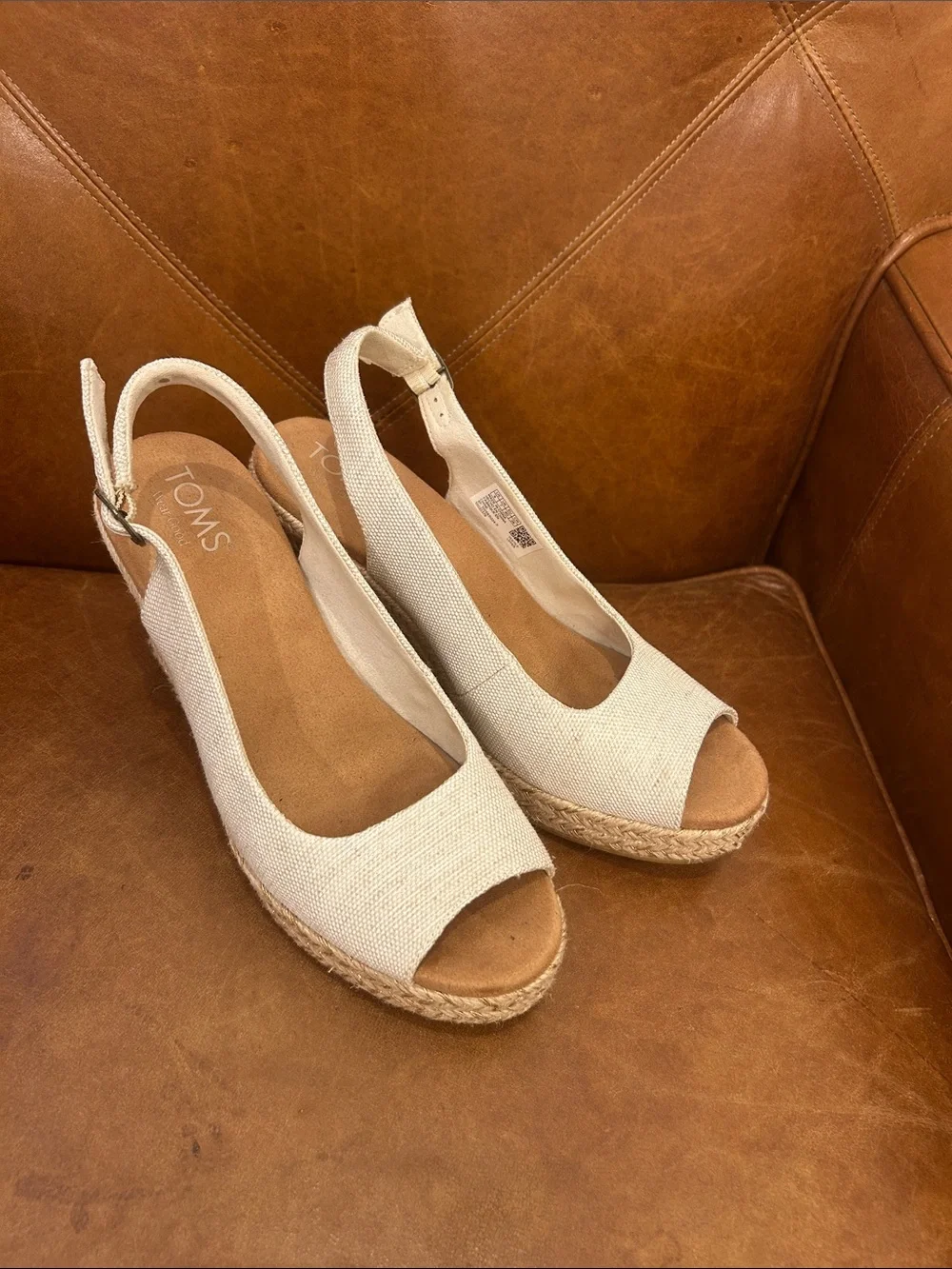 TOMS Cream Canvas Peep-Toe Slingback Espadrille Wedges